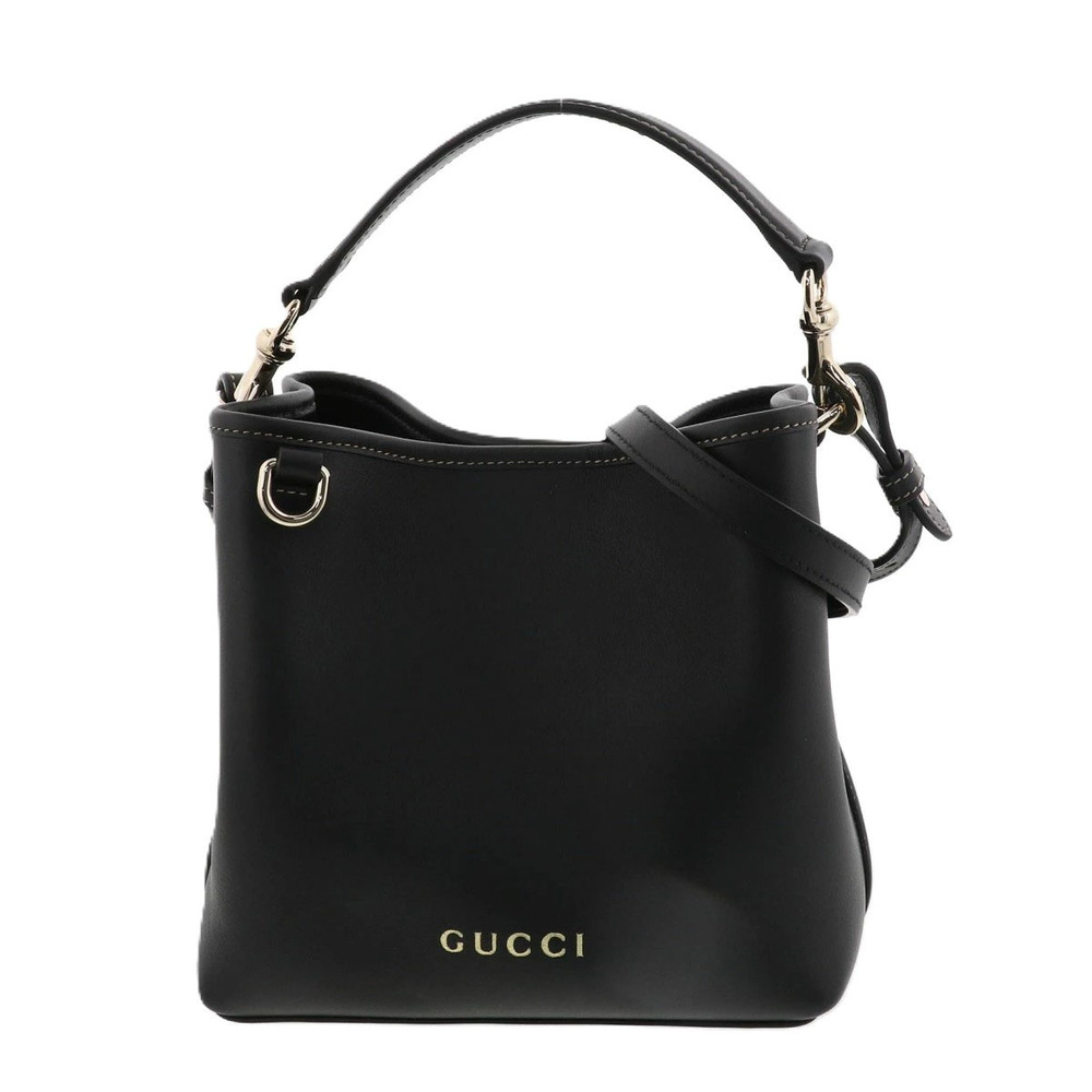 GUCCI GG Emblem Bucket Bag Handbag Leather Black